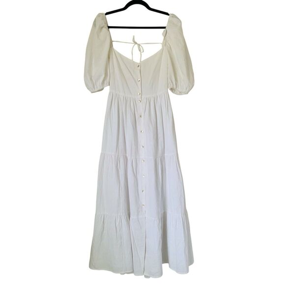 Showpo Palmer Midi Dress US 6 White Puff Sleeve Button Ruffle Tiered Trad Wife - Picture 2 of 14